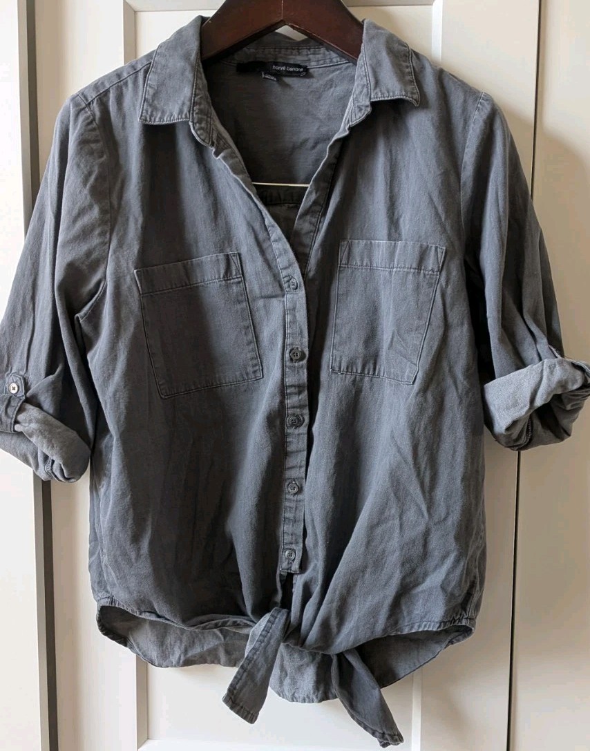 Harve Benard 100% Tencel Size Large Tie Waist Gray Denim Top Blouse Women