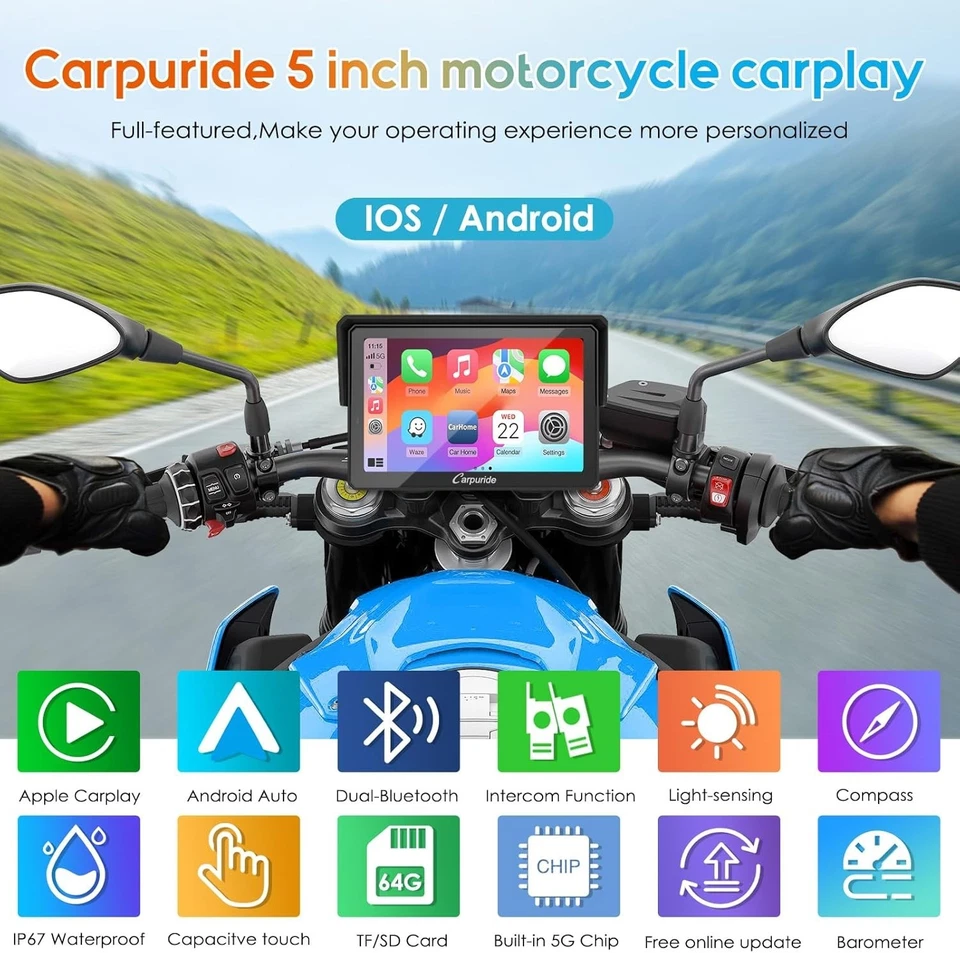W502PRO para motocicleta CarPlay e Android Auto e Bluetooth duplo - GPS à prova d'água 5" - Imagem 3 de 4
