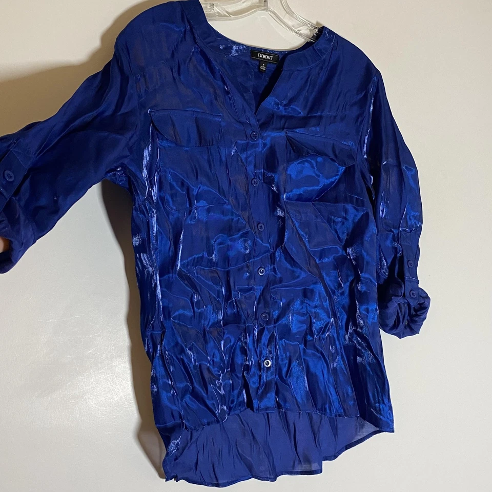Elementz Top Womens Medium Blue Iridescent Roll Tab Button Up Shirt Sparkle Glam - Image 4 of 4