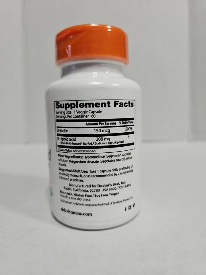 Ácido R-lipoico estabilizado con BioEnhanced® Na-RALA, 200 mg, 60 vegetales Exp2026 Foto 2 de 4