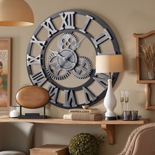 Große Wanduhr mit Metall römischen Ziffern + Holz Wanduhr Dekouhr Küchenuhr 58cm