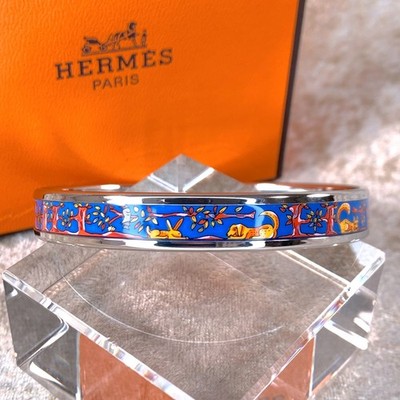 Vintage Hermes Bangle Bracelet Blue Enamel Dog Rabbit Size 65 Silver Rim w/ Box