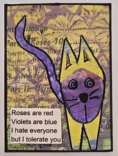 Mixed Media Collage Art Card ACEO ATC Gelli Print Mysterious Purple Kitty