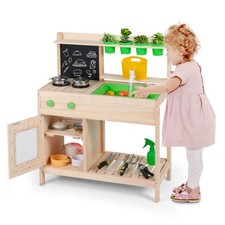 Kids Mud Kitchen Play Pretend Kitchen with Chalkboard, Stoves, Faucet, Sink