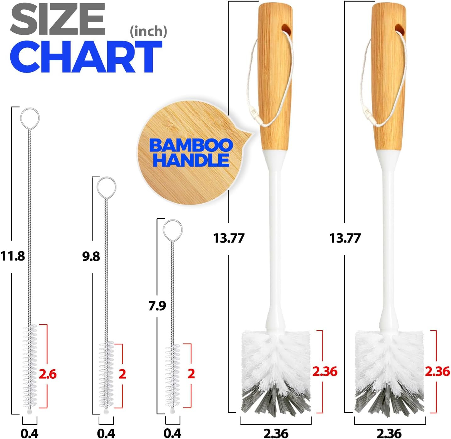 5 Pack Bottle Brush Cleaner Set, 14" Bamboo Handle Bottle Cleaner Brush, 3 Straw