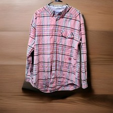 Vintage 1990s Tommy Hilfiger Mens Shirt XL Long Sleeve Pink Plaid Hong Kong