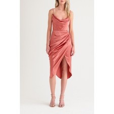 House of CB Reva Satin Cowl Neck Ruched Midi Dress Rose Gold XS