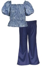 NWT Bonnie Jean Girls Flared Pants Set Size 7 Peplum Top Navy Blue Puff Sleeve