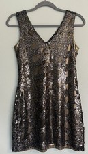Express Gold Black Sequin Mesh Sleeveless V-Neck Short Sheath Party Dress XS