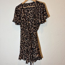 SHEIN Leopard Print Wrap Dress Size L Brown Black Flutter Sleeve Mini