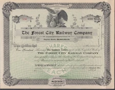 Forest City Railway railroad $100 / share 100 share stock certificate c 1910