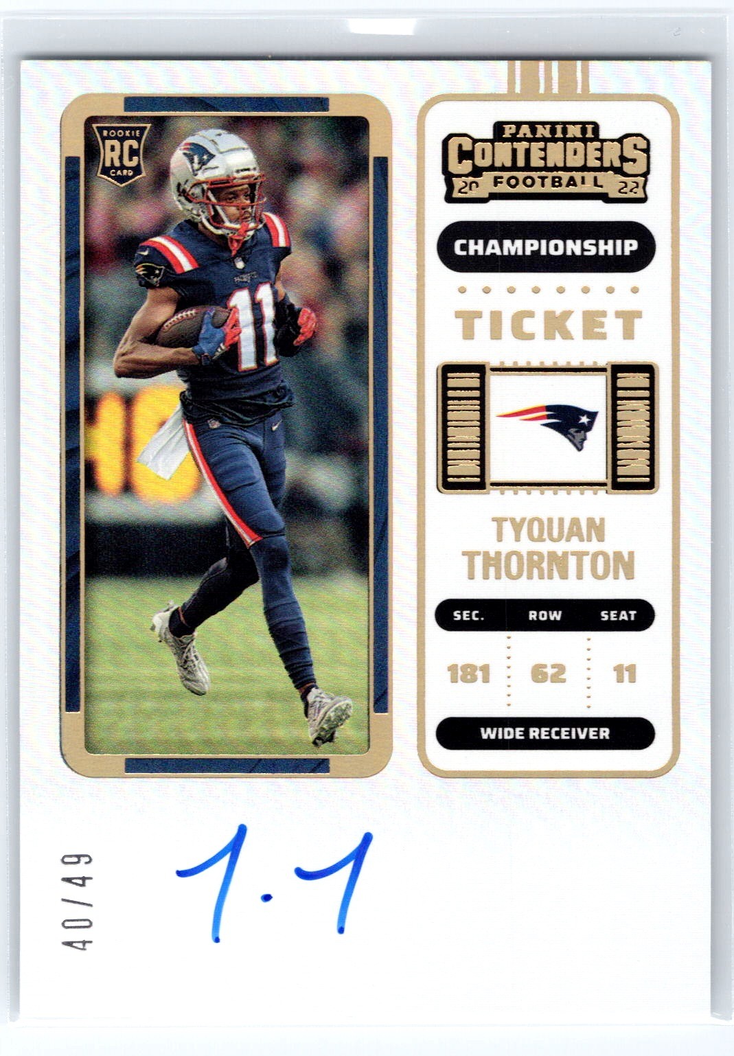 Tyquan Thornton 2022 Contenders Rookie Championship Ticket On Card Auto! 40/49