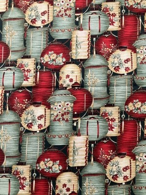Kimono Collection Chinese Lantern Print Fabric Asian Red Green by Hoffman BTY