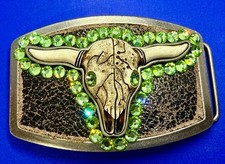 Longhorn Cow Bull Head Steer With Green Rhinestone Eyes Jeweled Belt Buckle