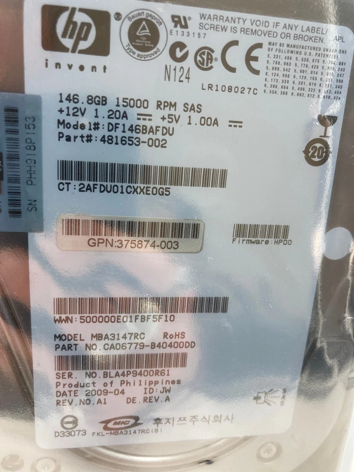 146.8 GB SAS HP DF146BAFDU Internal 15000 RPM 8MB HDD 3.5" Hard Drive New - Image 3 of 3
