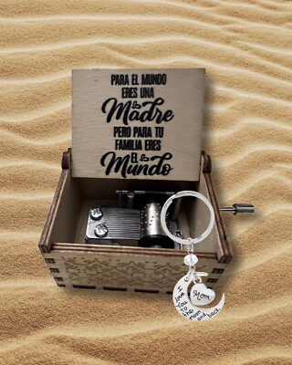 NEW  PARA EL MUNDO ERES UNA MADRE  Handmade Mini Hand Crank Wooden Music Box