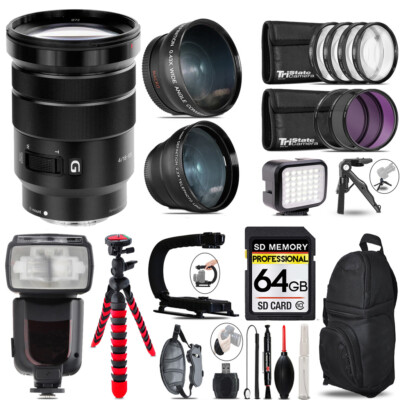Sony E PZ 18-105mm f/4 G OSS Lens + LED Light +Tripod -64GB Kit