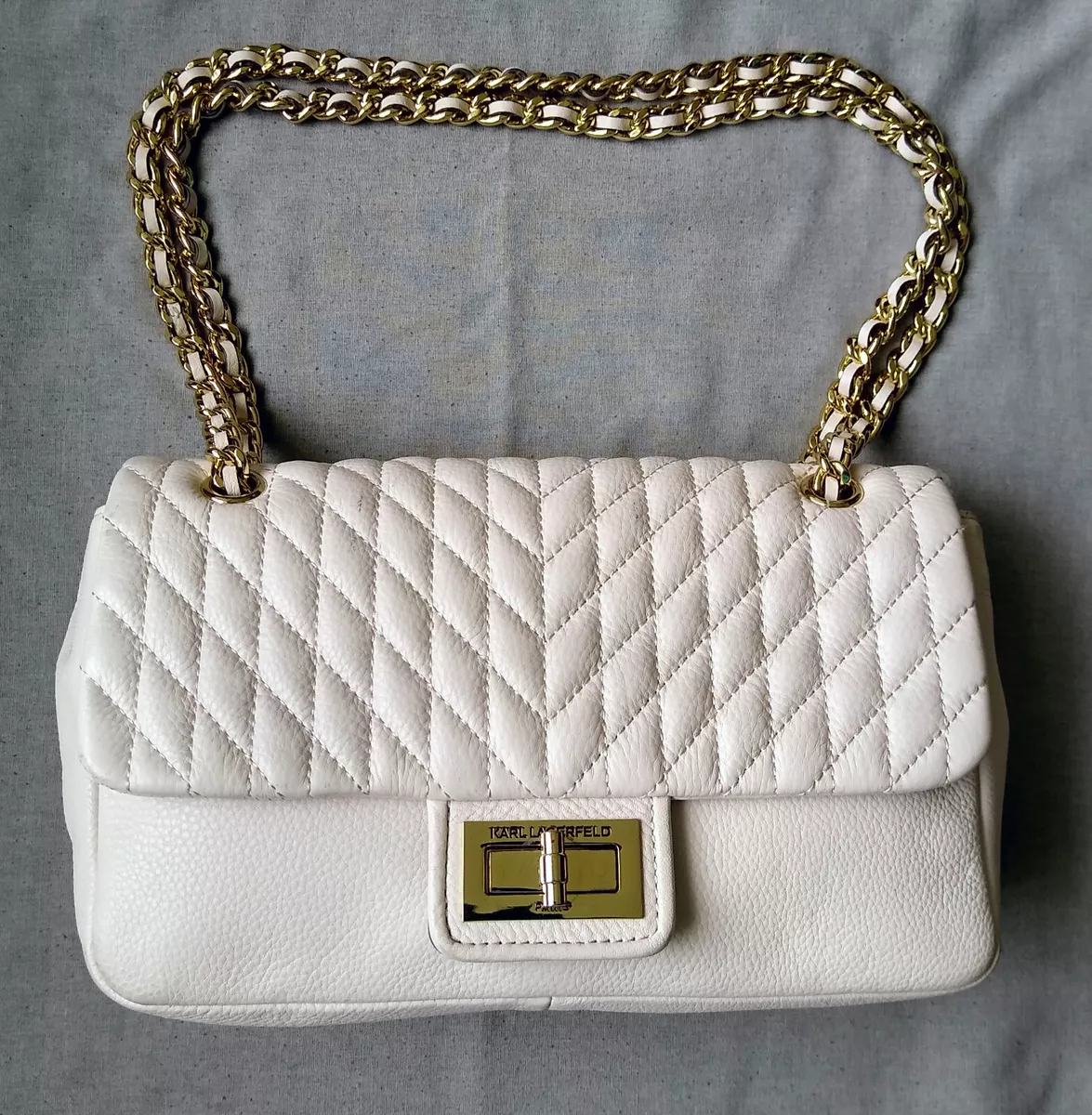 KARL LAGERFELD PARIS Agyness Quilted Leather & Gold Shoulder Bag in Winter  White