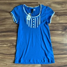 H&M Shirt Womans 6 Blue Short Sleeve Tee Shirt Lace Trim Cottagecore NWT