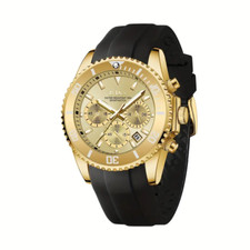 Men Diving Sport Watch Six Needle Silicone Strap Golden Water Resistant Luminous