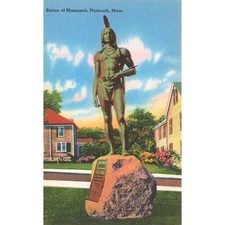 Postcard Statue of Massasoit, Plymouth, Mass. Vintage Linen Unposted 1930-1950