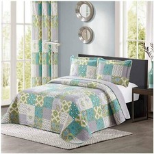 Blue Green Gray Grey Floral Patchwork 3pc Quilt Set Twin Full Queen King Bedding