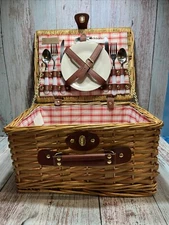 Picnic TimeEnglish Style Picnic Basket with Service for Two, Red and White Plaid