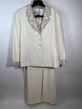 Vintage Albert Nipon Evening Beaded Ivory 3 Piece Blazer Skirt Suit Size 14