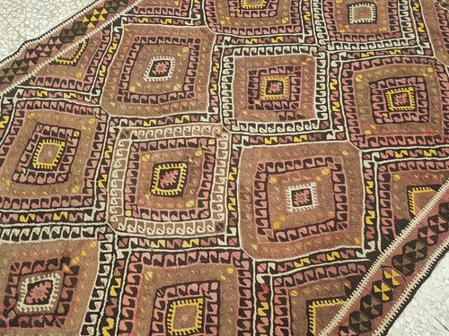 Vintage handgewebt gedeckte Farbe Oushak Kelim Teppich Läufer breit, 4 Fuß 12 Zoll x 14 Fuß 11 Zoll - Bild 11 von 12