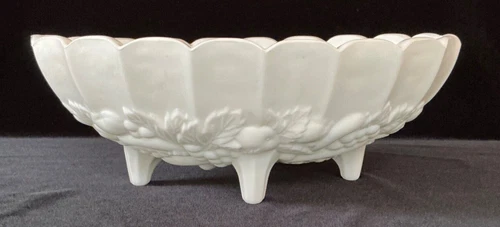 Vintage Indiana Milk Glass Oval Footed Large Embossed Fruit Bowl 12 in