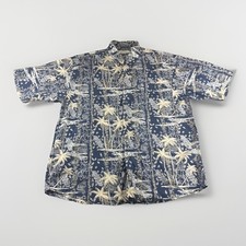 Vintage Summa Silk Blend Hawaiian Shirt Mens L Blue Floral Palm Tree Button Up