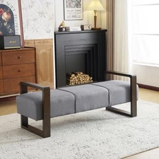 Gray and Brown Long - shaped Ottoman, Polyester Linen and Wood