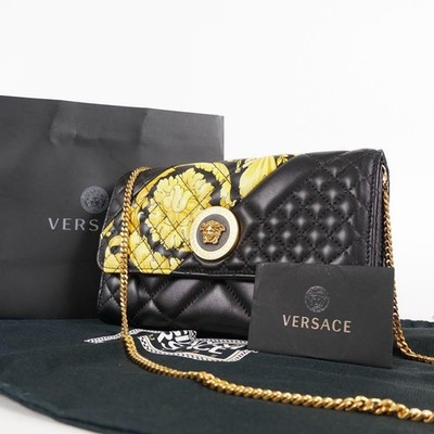 Versace Black Quilted Leather Medusa Chain Shoulder Bag 2Way Compact Gold Logo