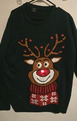 Livergy Rudolph Reindeer Light Up Music Christmas Sweater Men's XL 46-48 Green