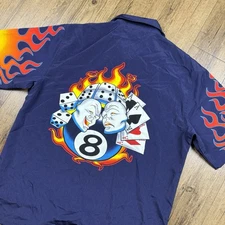 JNCO Jeans Camp Shirt Mens L Blue Flame 8 Ball Dice Gamble Cards Loop Retro Y2K