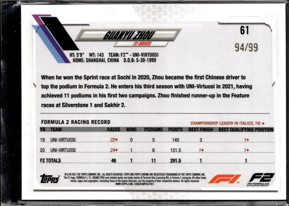 2021 Topps Chrome Formula 1 Green RayWave #61 Guanyu Zhou FS /99 - Image 2 of 2