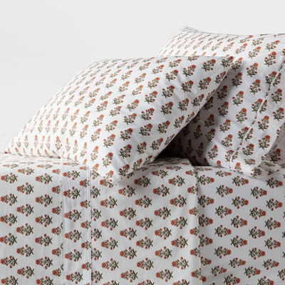 Queen Sheet Set - Organic Cotton Percale Block Print- Threshold Designed