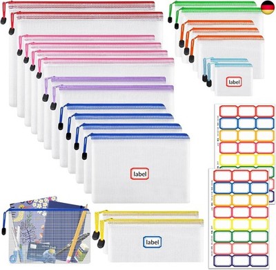 Pack of 21 Document Wallets Waterproof Zip with Stickers, Mesh Zipper Pouches, F