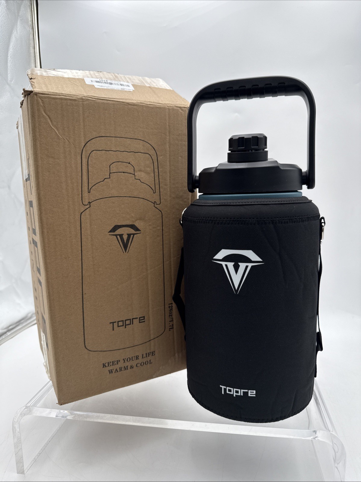Topre 1 Gallon Stainless Steel Blue Jug With Black Neoprene Sleeve & Strap