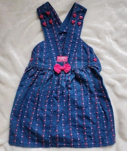 Vtg Oshkosh B'Gosh Vestbak Denim Red Pink Heart Print Jumper Dress Sz 5 Girls US