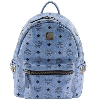 MCM Visetos Stark Studded Backpack Blue Coated Canvas Leather Medium Book Bag