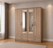 Ready Assembled Oak 4 Door Wardrobe with Mirrors Drawers Rail Bedroom Furniture