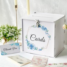 White Wedding Card Box with Lock, PVC Gift Card Box with Blue Wreath, Wedding...