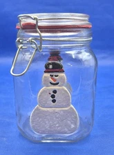 Vintage Anchor Hocking Clear Glass Canister with Snowman Hinged Lid 6.5" Tall