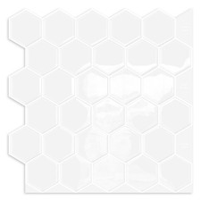White Hexagon Peel and Stick Backsplash,12" x 12" Self Adhesive Back Splash H...