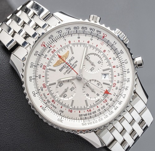 Breitling Navitimer GMT Chronograph Date 48mm AB0441 Silver Dial SS Bracelet