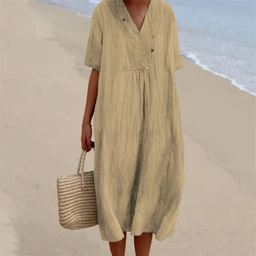 Ladies Cotton Linen V Neck Midi Dress Women Short Sleeve Loose Long Dress US - Bild 11 von 26