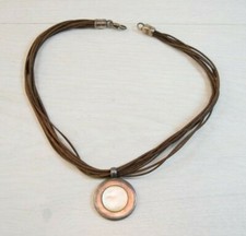 Antique 925 STERLING SILVER & Leather Necklace Pendant Mother of Pearl Women's