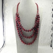 Vintage 3 Strand Cherry Red Resin Chunky Bead Boho Style 25" Necklace