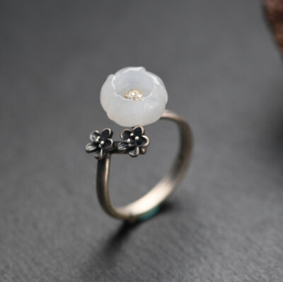 I05 Ring Two Small Flowers Silver 925 White Jade Flower Adjustable